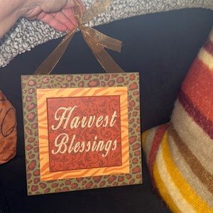 Harvest Blessings decorative sign with gold ribbon to hang